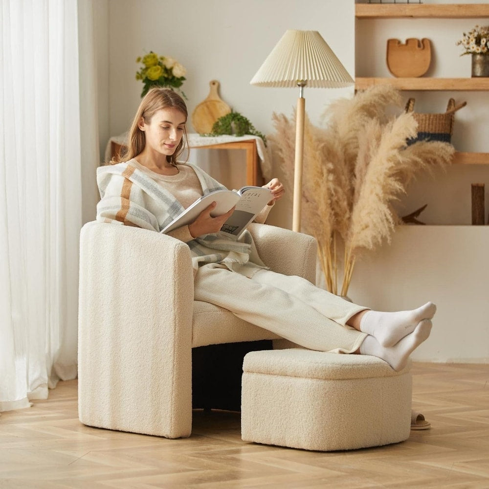 Boucle Chair with Storage Ottoman Set