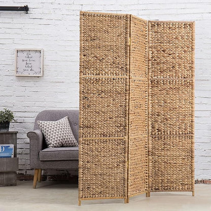 Handwoven Seagrass 3 Panel Room Divider Screen with Wood Frame