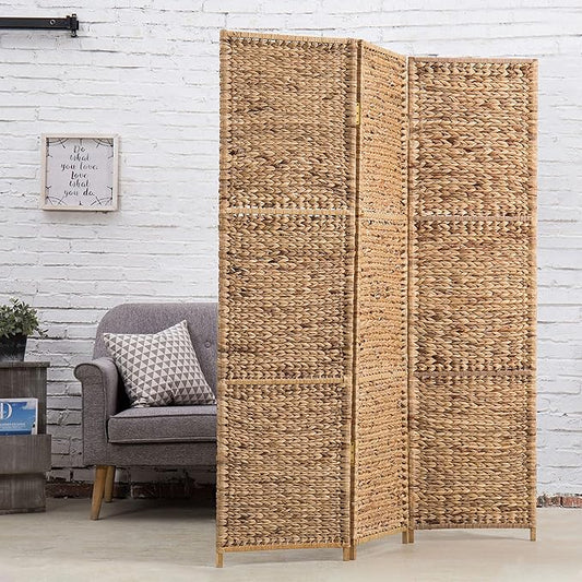 Handwoven Seagrass 3 Panel Room Divider Screen with Wood Frame