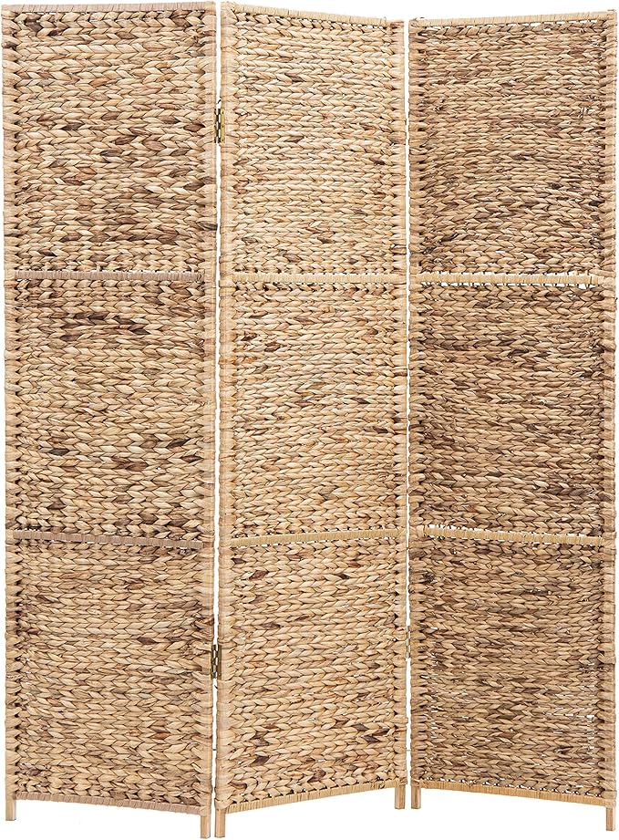 Handwoven Seagrass 3 Panel Room Divider Screen with Wood Frame
